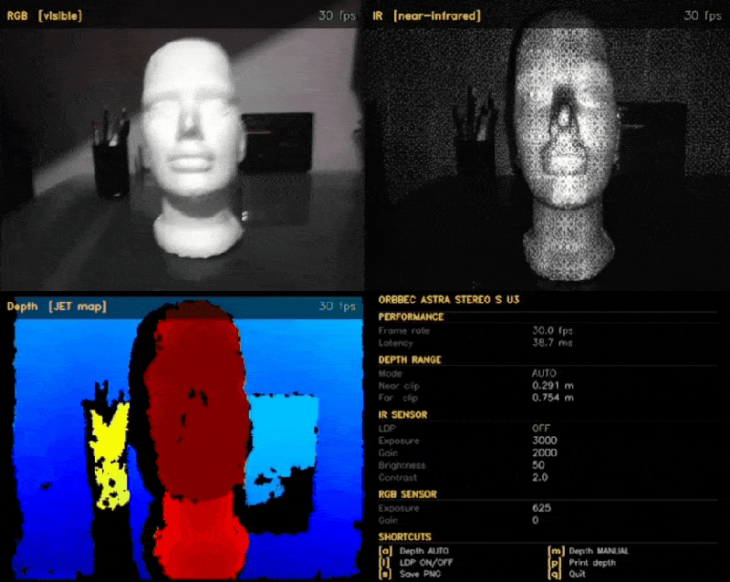 Orbbec Astra Stereo S U3 multi-stream viewer demo showing RGB, infrared, depth and live metrics